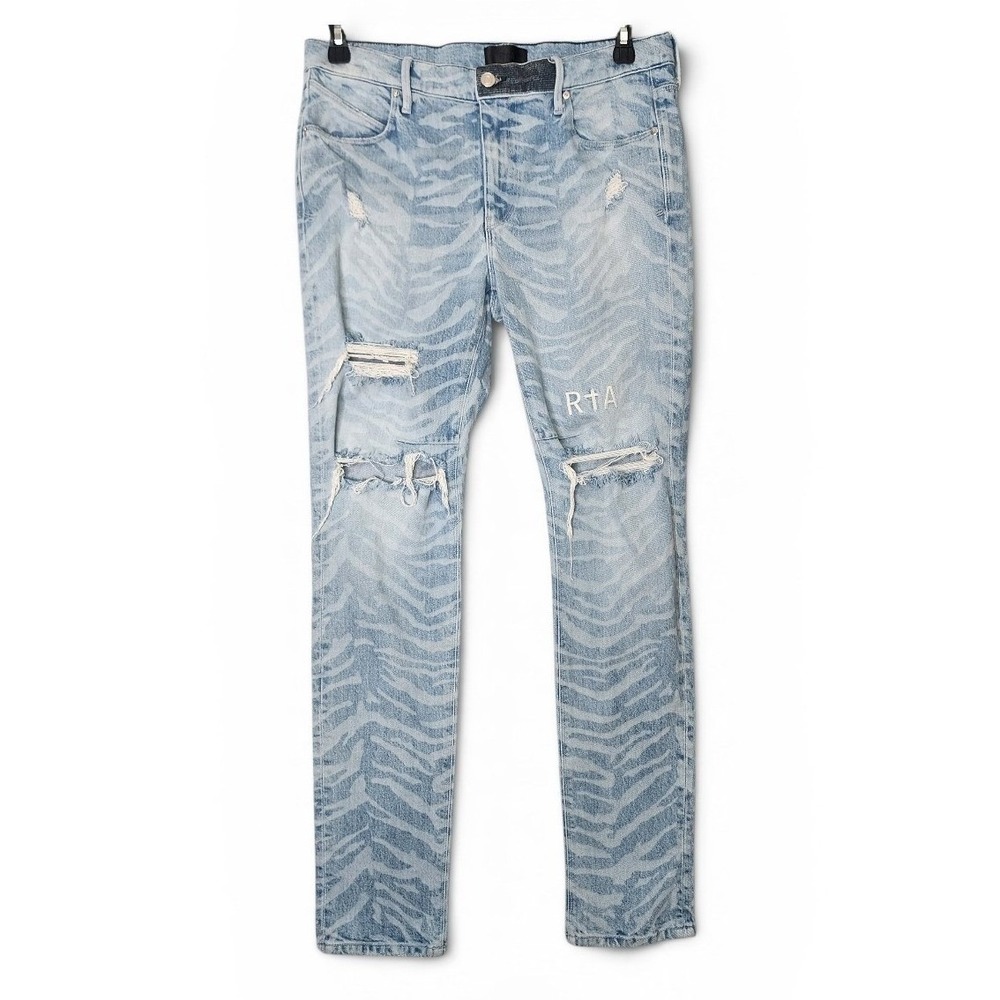 RTA Medium Zebra Print Jeans Mens Size 32 Italy Distressed Skinny Stacked Denim
